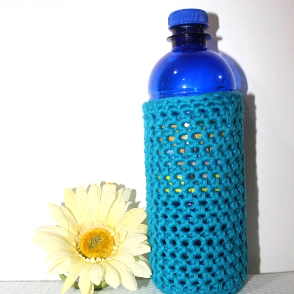NEW Cup Cozie Sunny Days Crochet Holder 16oz - 18oz. Turquoise HANDCRAFTED - Picture 1 of 9